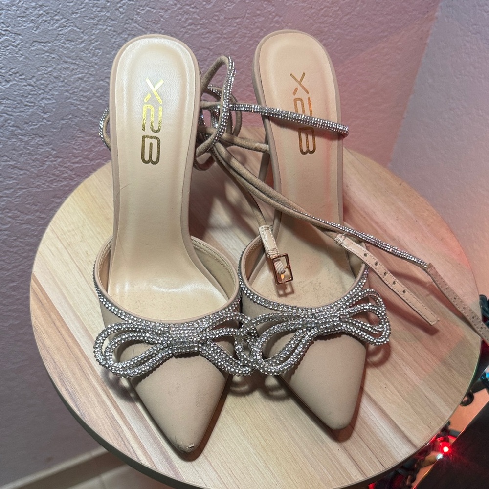 X2 Women's Tan Heels with Sparkling Bow
